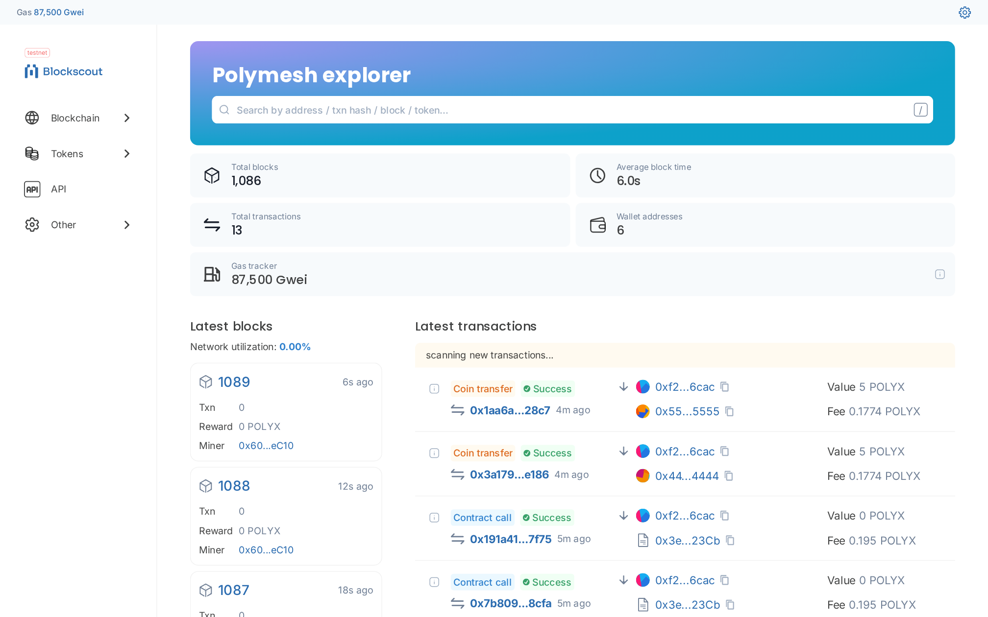 The Blockscout explorer home page running against the local Polymesh dev environment