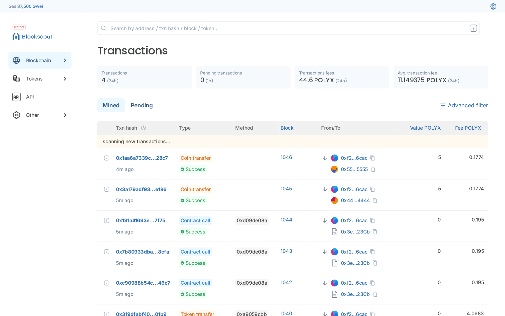 The Blockscout transaction list showing coin transfers, contract calls, and token transfers on the local chain
